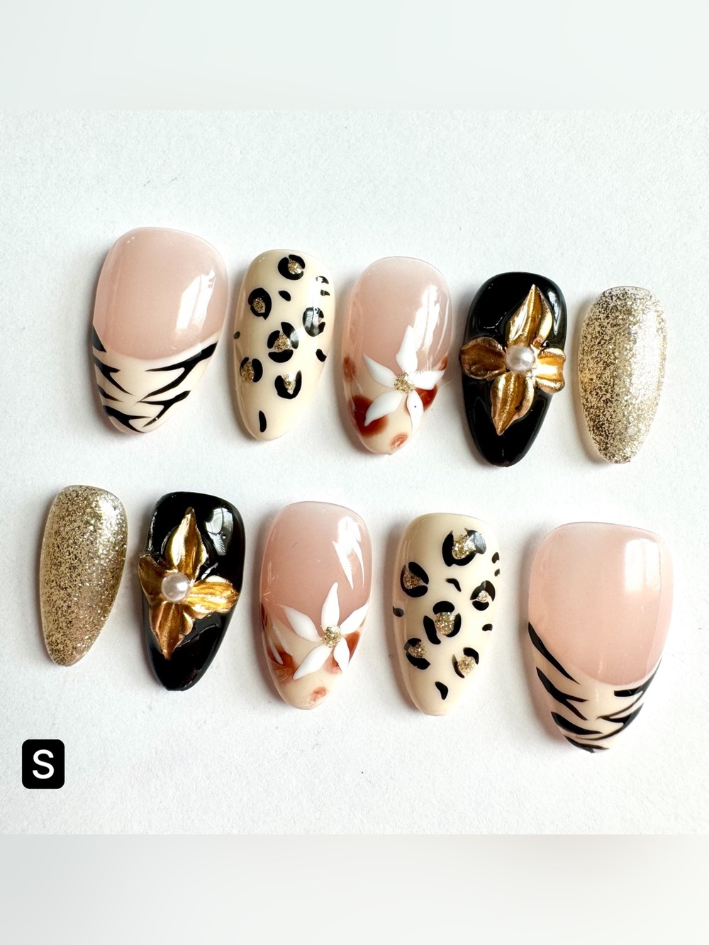 Neutral Pink & Black 3D Floral Leopard Press-On Nails